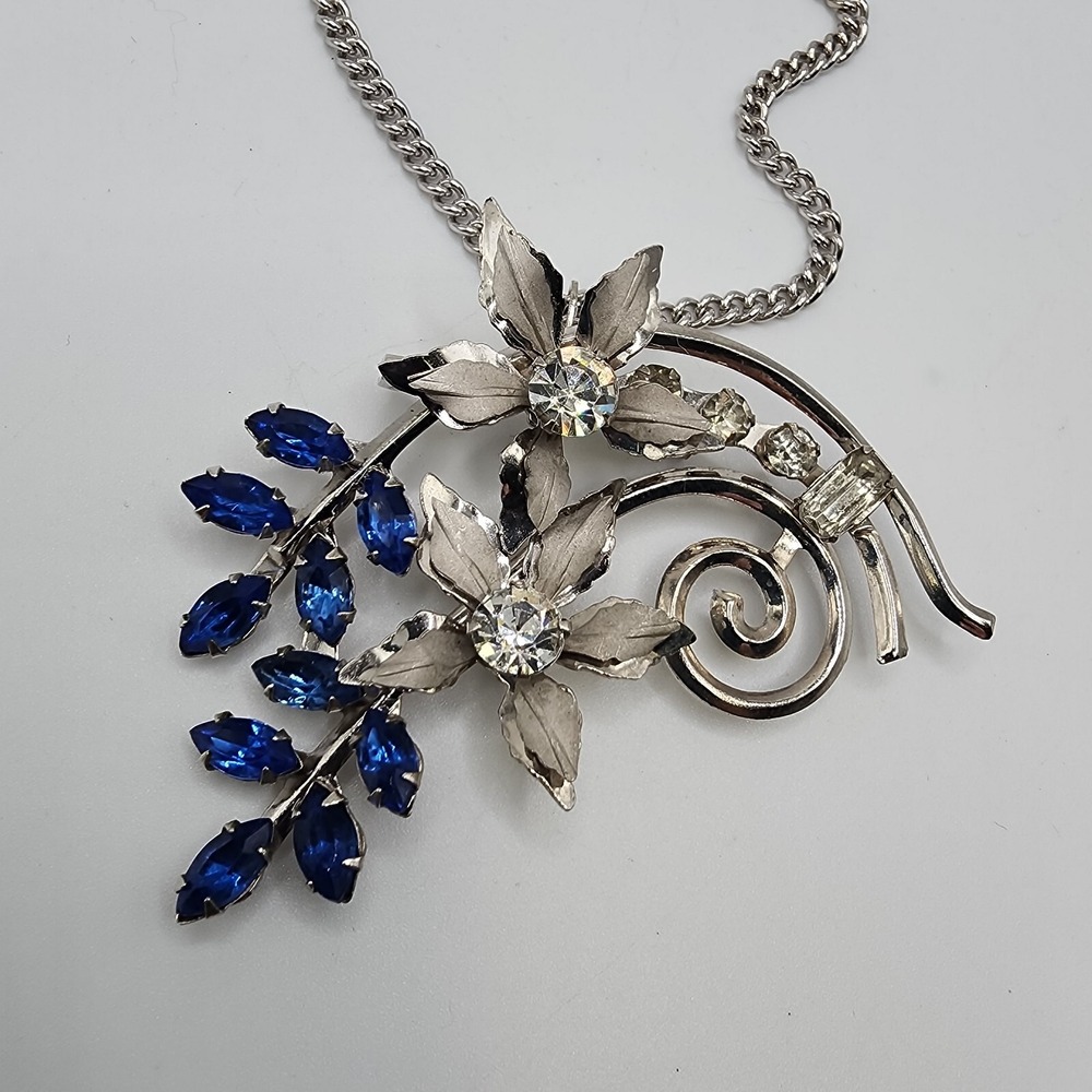 Cobalt Blue Rhinestone Floral Spray Silver Tone Pendant Brooch Retro Statement - Picture 9 of 16